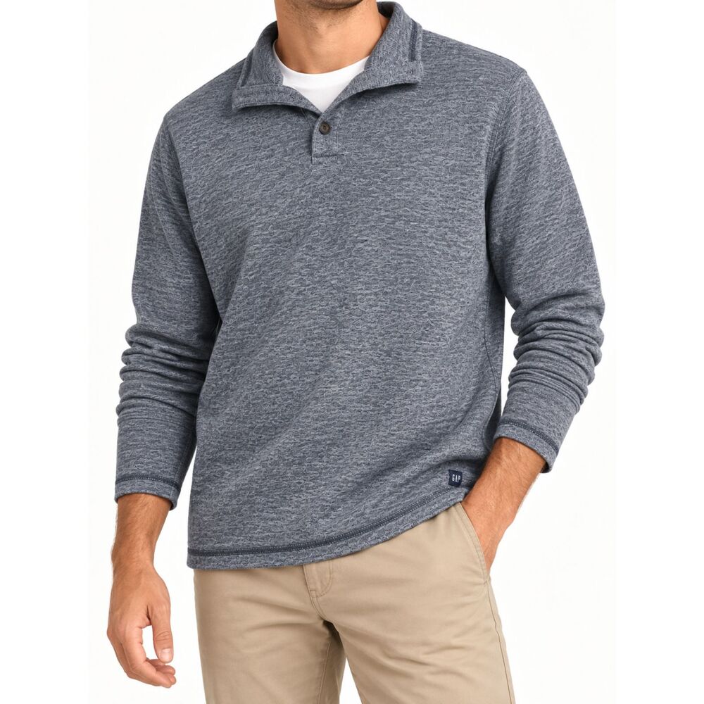 GAP Men Large Gray Textured Quarter Snap Pullover Sweatshirt Cotton Blend Preppy